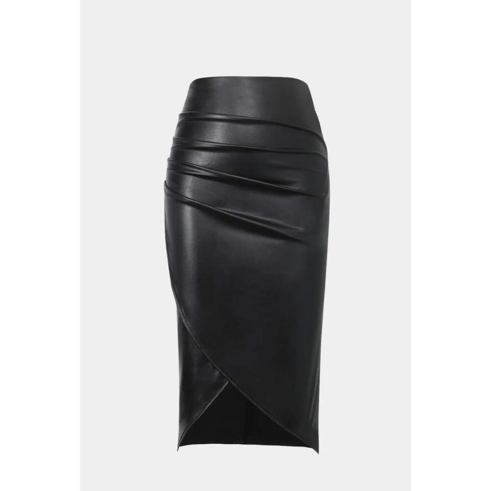 MICAS Black Faux Leather Wrap Ruched Midi Skirt Size XS